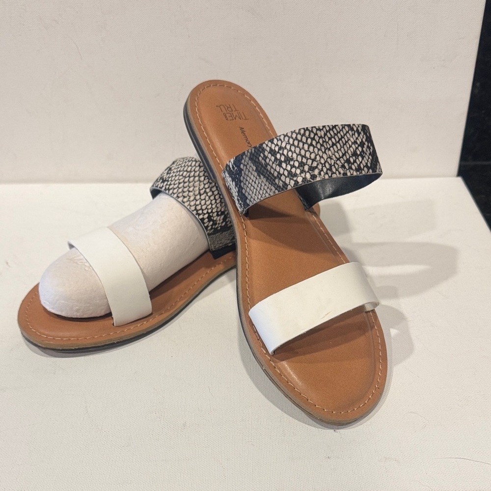 Time and Tru White and Black Snakeskin Sandals